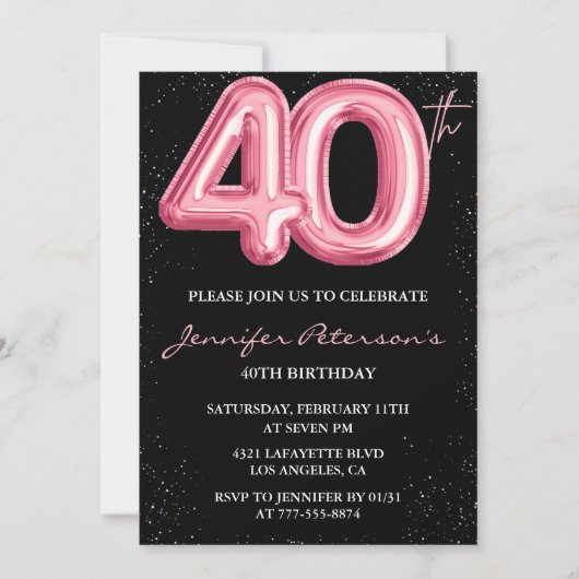Roze 40e verjaardag uitnodigingen Ballon Glam Blac (Voorkant)
