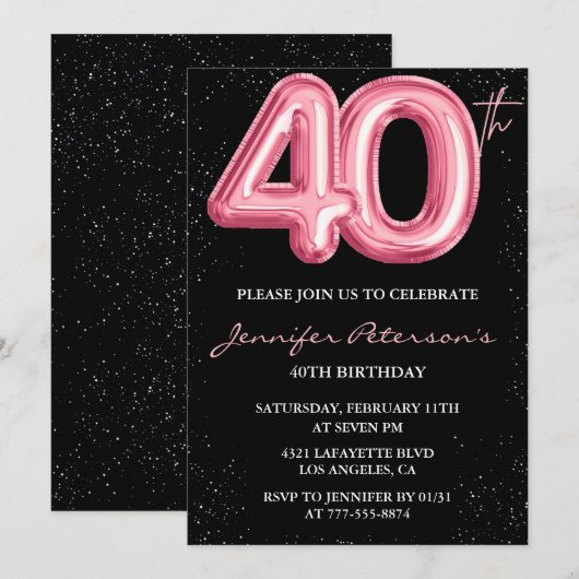 Roze 40e verjaardag uitnodigingen Ballon Glam Blac (Voorkant / Achterkant)