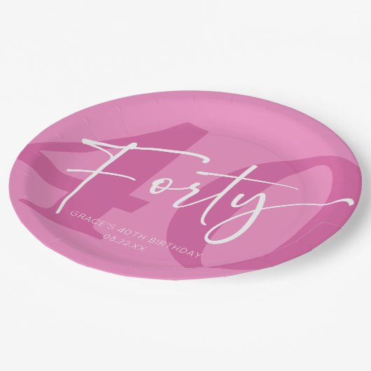 Roze 40ste veertigste verjaardagsfeestje papieren bordje (Gekanteld)