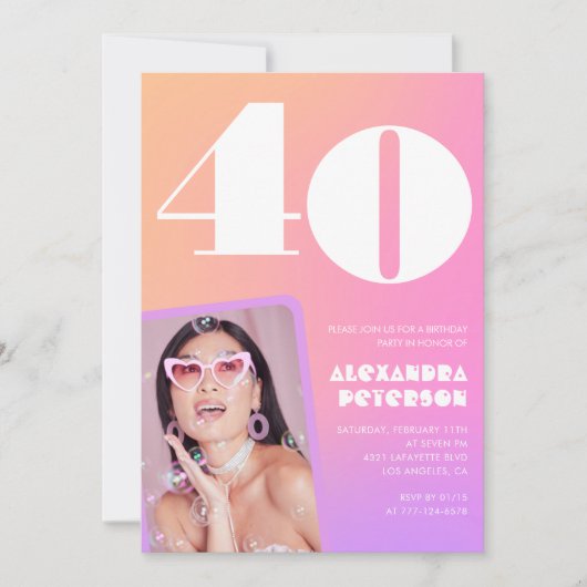 Roze 40ste verjaardag uitnodigingen Retro Foto (Voorkant)