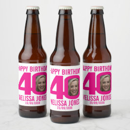 Roze 40th Verjaardag aangepaste foto naam label Bier Etiket