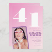 Roze 41e verjaardag uitnodigingen Retro Foto (Voorkant / Achterkant)