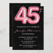 Roze 45e verjaardag uitnodigingen Ballon Glam Blac (Voorkant / Achterkant)