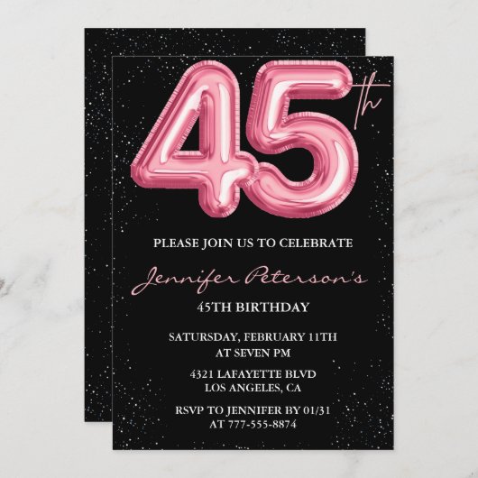 Roze 45e verjaardag uitnodigingen Ballon Glam Blac (Voorkant / Achterkant)