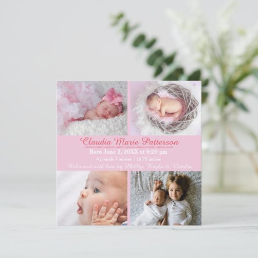 Roze 4 Foto's - Aankondiging van geboorte (Staand voorkant)