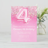 Roze 4e Verjaardag Uitnodiging Girly Pink Glitter (Staand voorkant)