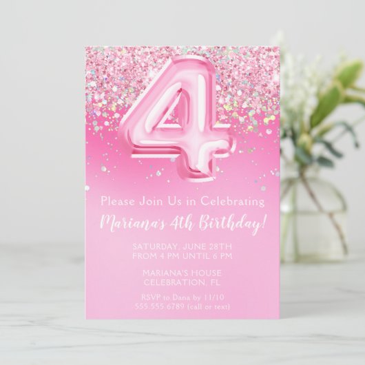 Roze 4e Verjaardag Uitnodiging Girly Pink Glitter (Staand voorkant)
