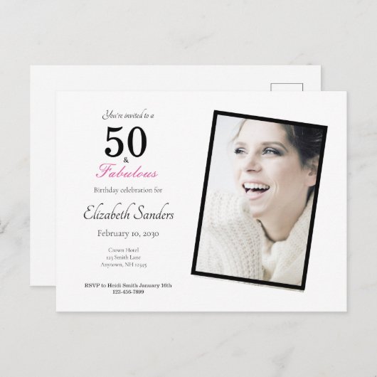 Roze 50 en Fabulous Birthday Party Uitnodiging Briefkaart (Voorkant / Achterkant)