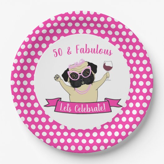 Roze 50 en Fabulous Schattige Pug Dog Funny Birthd Papieren Bordje (Voorkant)