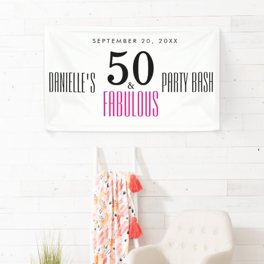 Roze 50 en Fabulous Typography 50th Verjaardag Spandoek (Insitu)