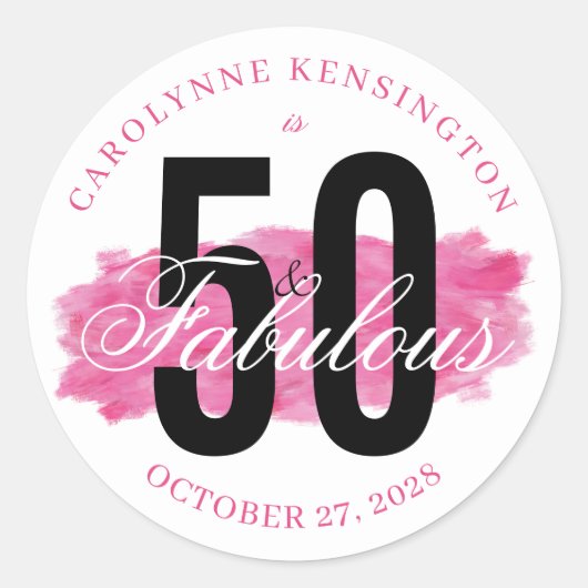 Roze 50 en Fabulous Waterverf Verjaardag Ronde Sticker (Voorkant)