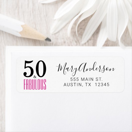 Roze 50 Fabulous Birthday Script Retouradres Etiket (Insitu)