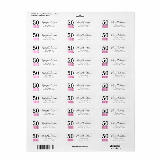 Roze 50 Fabulous Birthday Script Retouradres Etiket (Full Sheet)