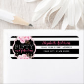 Roze 50 & Fabulous Floral Black & White Stripe Etiket (Insitu)