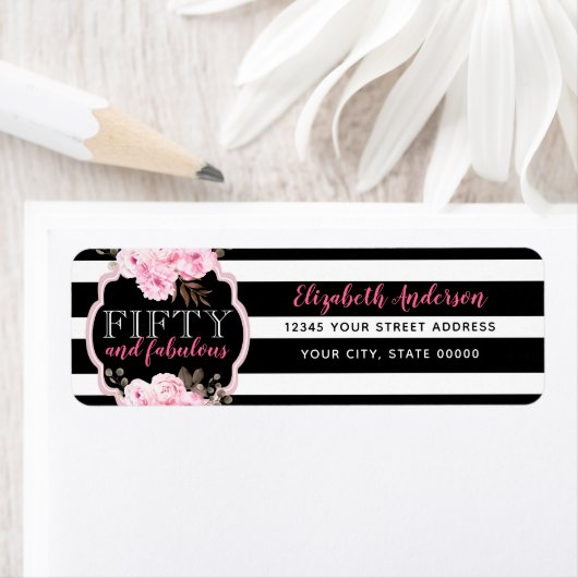 Roze 50 & Fabulous Floral Black & White Stripe Etiket (Insitu)
