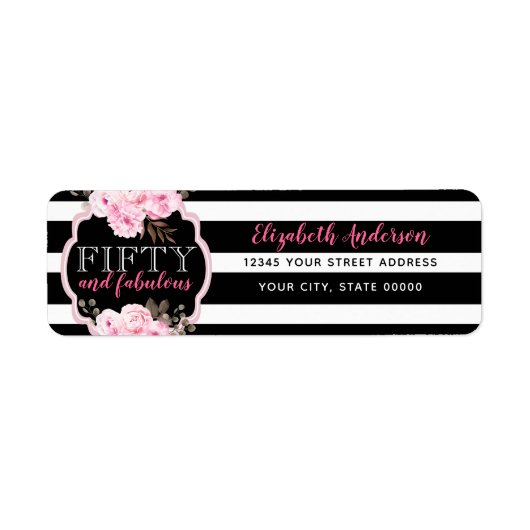 Roze 50 & Fabulous Floral Black & White Stripe Etiket (Voorkant)