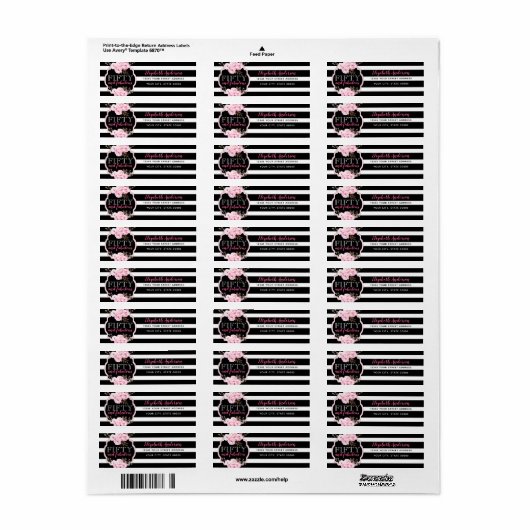Roze 50 & Fabulous Floral Black & White Stripe Etiket (Full Sheet)
