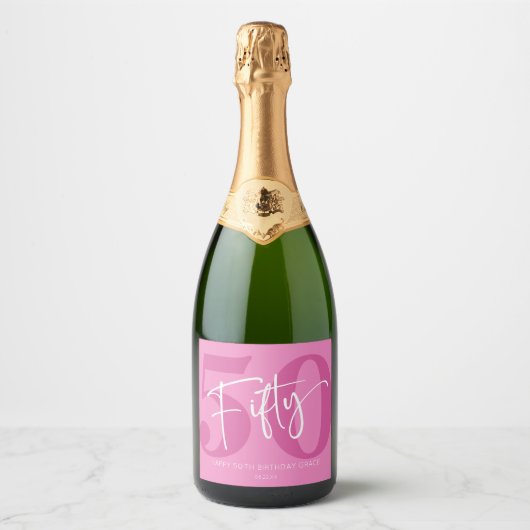 Roze 50e 50e verjaardagsfeestgeschenk sparkling wijnetiket (Voorkant)