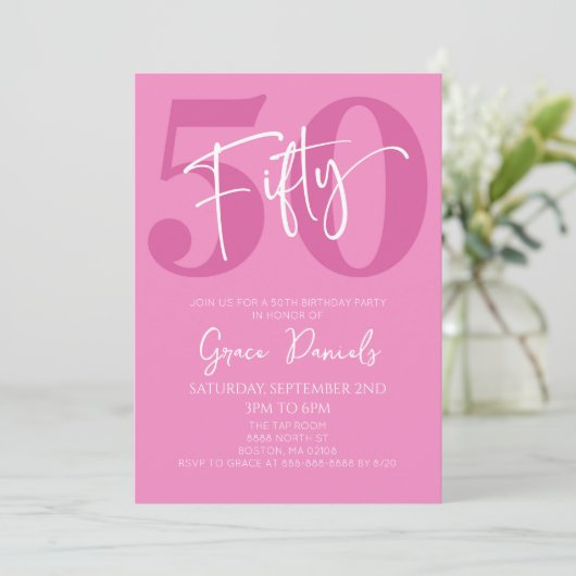 Roze 50ste 50ste verjaardagsfeestje kaart (Staand voorkant)