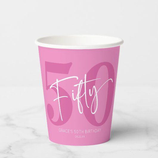 Roze 50ste 50ste verjaardagsfeestje papieren bekers (Achterkant)