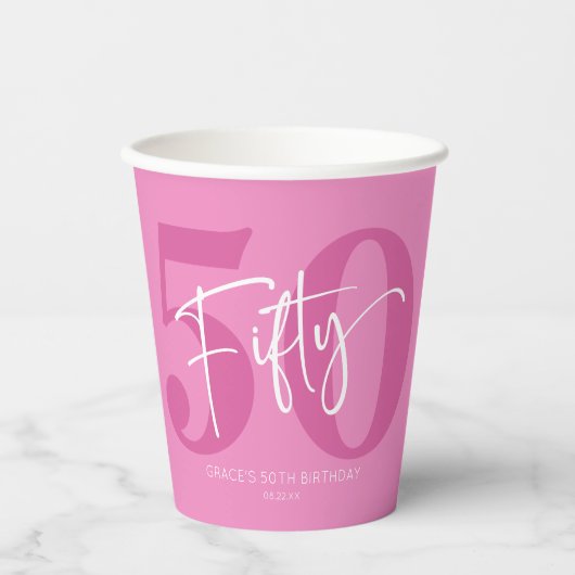 Roze 50ste 50ste verjaardagsfeestje papieren bekers (Voorkant)
