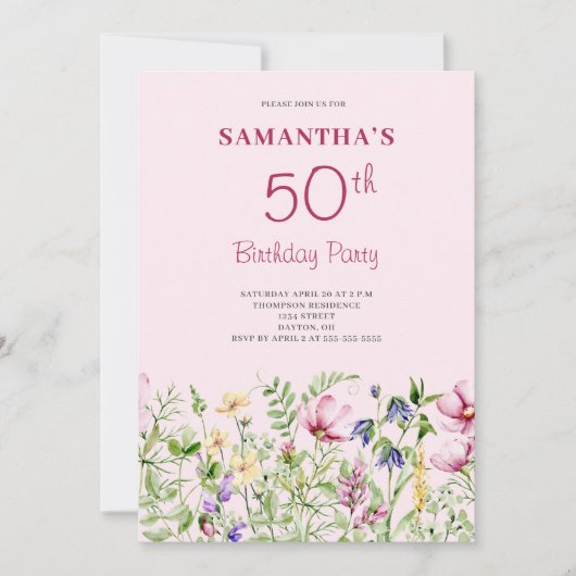 Roze 50ste verjaardag bloemstuk kaart (Voorkant)