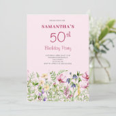 Roze 50ste verjaardag bloemstuk kaart (Staand voorkant)