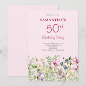 Roze 50ste verjaardag bloemstuk kaart (Voorkant / Achterkant)