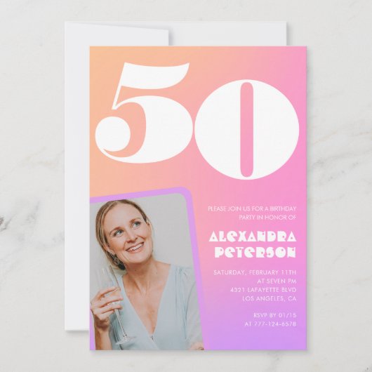 Roze 50ste verjaardag uitnodigingen Retro Foto (Voorkant)