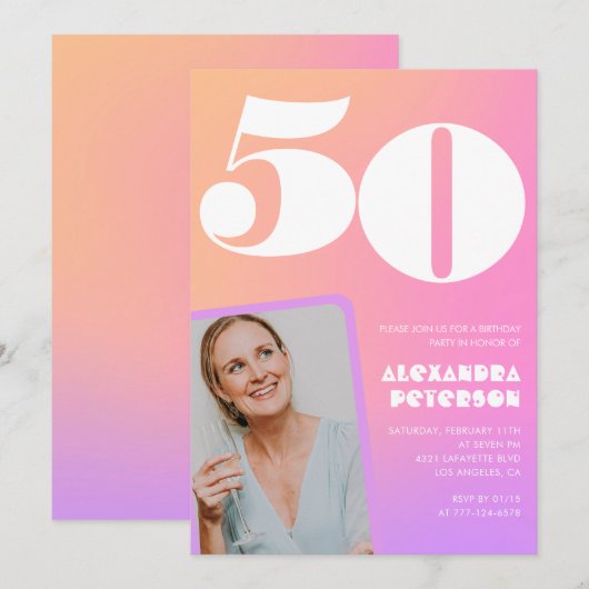 Roze 50ste verjaardag uitnodigingen Retro Foto (Voorkant / Achterkant)