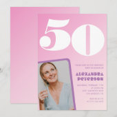 Roze 50ste verjaardag uitnodigingen Retro Foto (Voorkant / Achterkant)