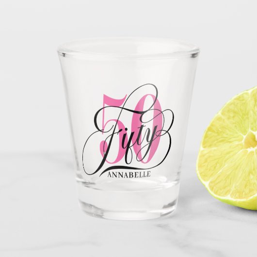 Roze 50th Birthday Typografie Shot Glass Shot Glas (Voorkant)