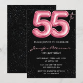Roze 55ste verjaardag uitnodigingen Ballon Glam Bl (Voorkant / Achterkant)