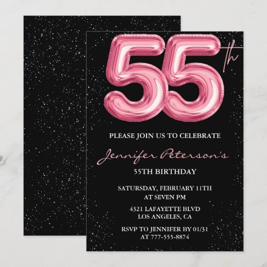 Roze 55ste verjaardag uitnodigingen Ballon Glam Bl (Voorkant / Achterkant)