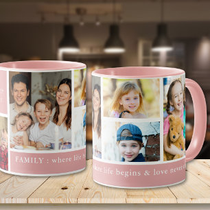 Roze 5 foto familie waar het leven begint citaat mok