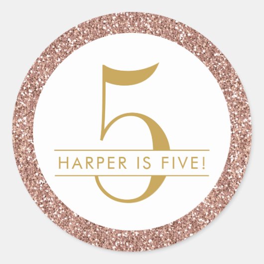 Roze 5e verjaardag Roos Gold Glitter Favor Ronde Sticker (Voorkant)