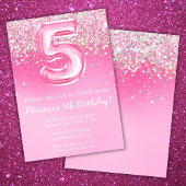 Roze 5e Verjaardag Uitnodiging Girly Pink Glitter