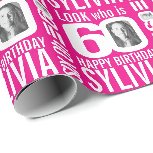 Roze 60e verjaardag, die 60 aangepaste foto is cadeaupapier (Rol Hoek)