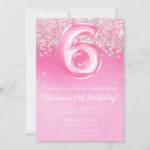 Roze 6e Verjaardag Uitnodiging Girly Pink Glitter (Voorkant)