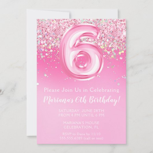 Roze 6e Verjaardag Uitnodiging Girly Pink Glitter (Voorkant)