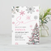 Roze 6e verjaardag uitnodiging, winter zes verjaar kaart (Staand voorkant)