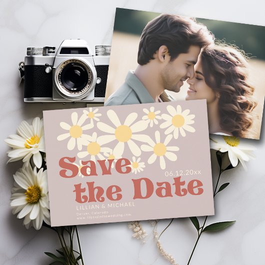  Roze 70s Daisy Foto Bruiloft Save the Date Kaart