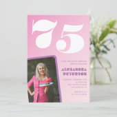 Roze 75e verjaardag uitnodigingen Retro Foto (Staand voorkant)