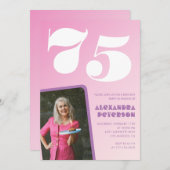 Roze 75e verjaardag uitnodigingen Retro Foto (Voorkant / Achterkant)