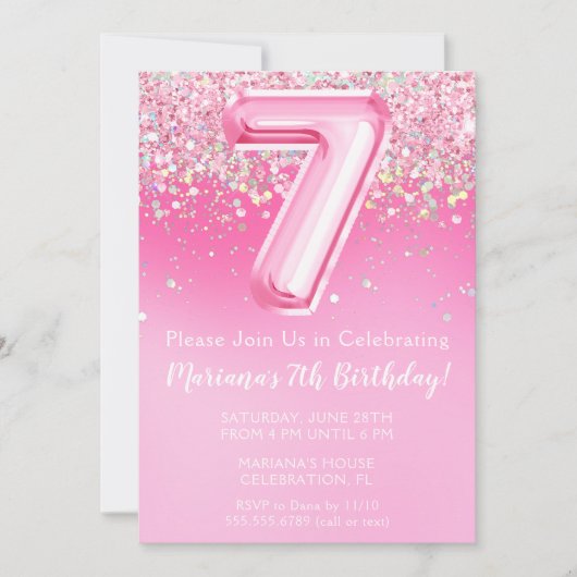 Roze 7e verjaardag uitnodiging meisje roze glitter (Voorkant)