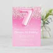Roze 7e verjaardag uitnodiging meisje roze glitter (Staand voorkant)