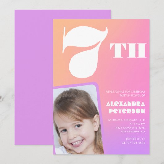 Roze 7e verjaardag uitnodigingen Kleurrijke foto (Voorkant / Achterkant)