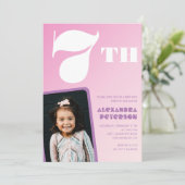 Roze 7e verjaardag uitnodigingen Meisje Retro Foto (Staand voorkant)