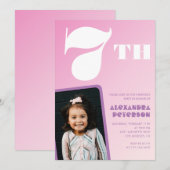 Roze 7e verjaardag uitnodigingen Meisje Retro Foto (Voorkant / Achterkant)