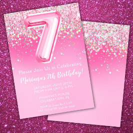 Roze 7e verjaardagsuitnodiging meisje roze glitter kaart